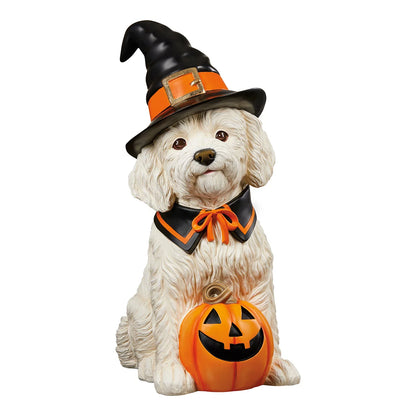 Front view of a 26-inch hand-painted resin Halloween dog greeter figurine dressed in a whimsical seasonal outfit, displayed on a front porch next to autumn pumpkins.