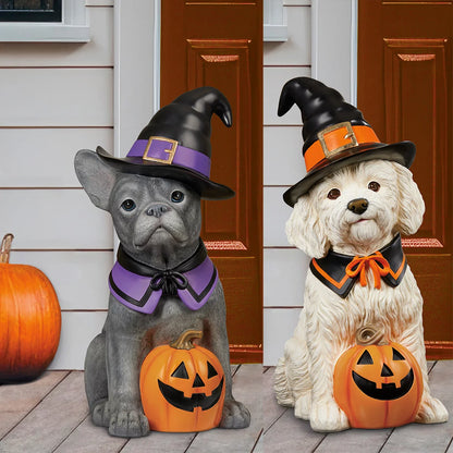 Front view of a 26-inch hand-painted resin Halloween dog greeter figurine dressed in a whimsical seasonal outfit, displayed on a front porch next to autumn pumpkins.