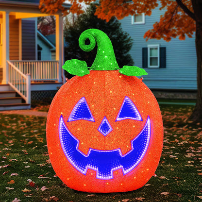Front angle view of a 4-foot illuminated orange Halloween pumpkin prop featuring 327 glowing LEDs arranged inside inset infinity mirrors on a dark porch floor.