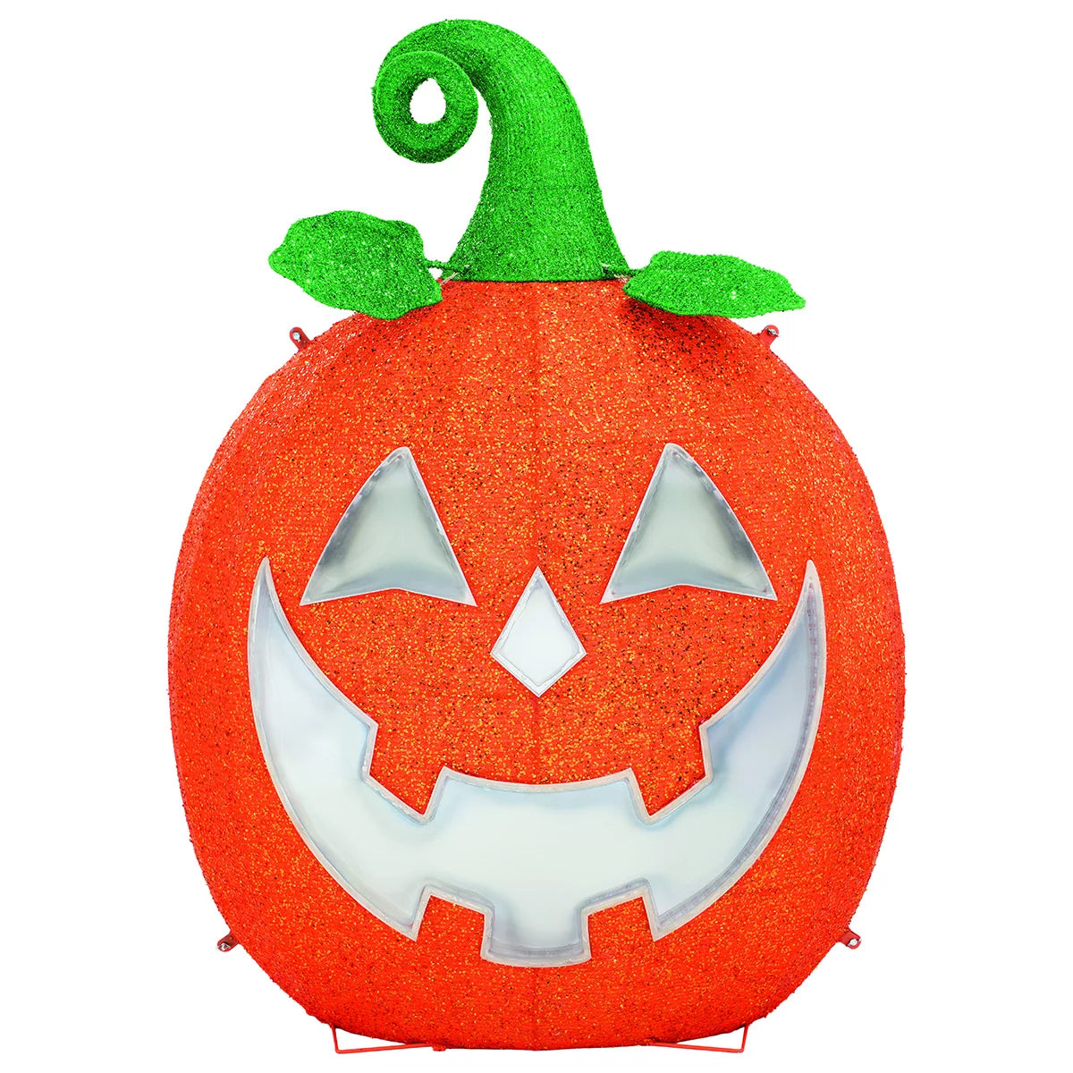Front angle view of a 4-foot illuminated orange Halloween pumpkin prop featuring 327 glowing LEDs arranged inside inset infinity mirrors on a dark porch floor.