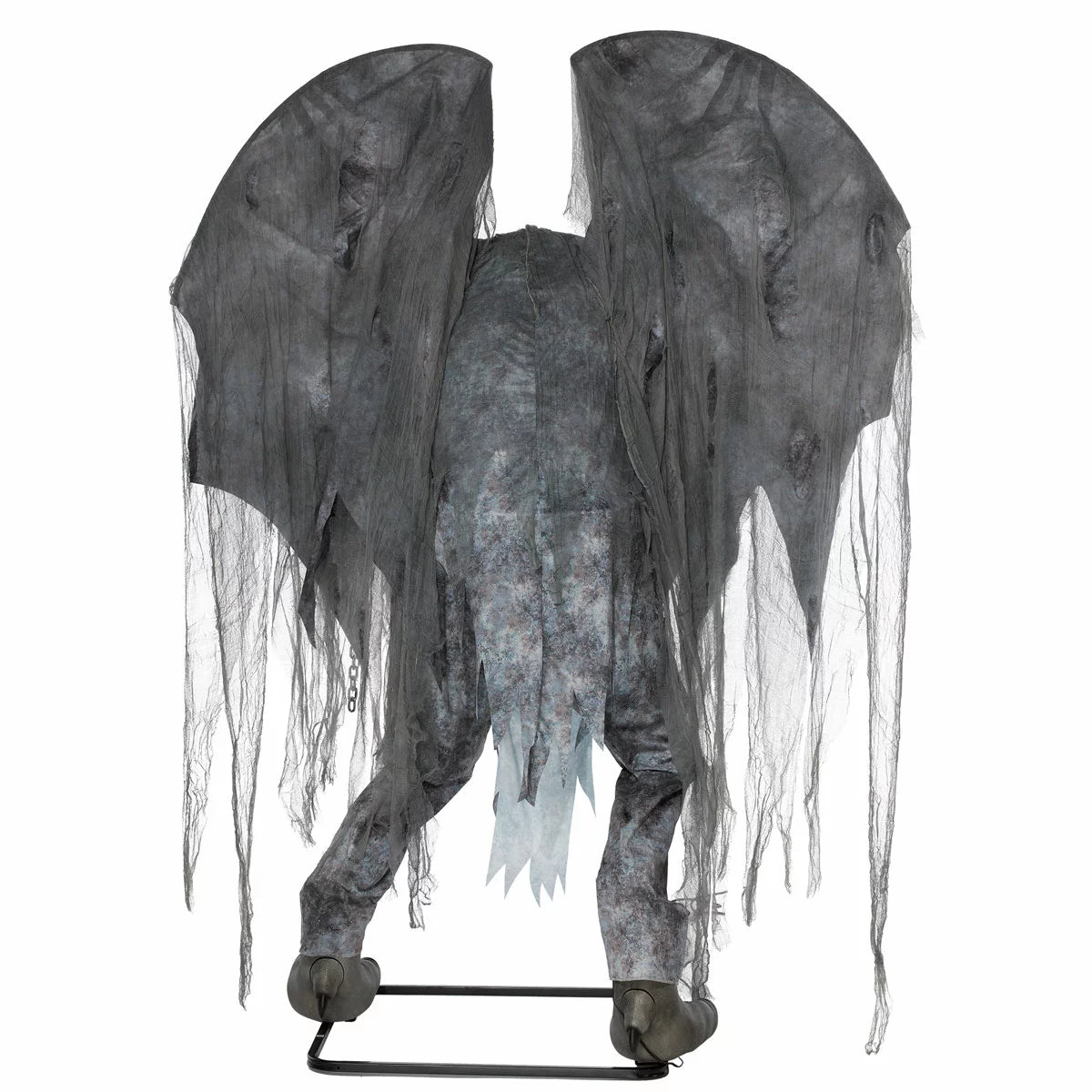 Front view of a 7.5ft animated stone-textured Halloween gargoyle with glowing red LED eyes and spread wings outdoors at night.