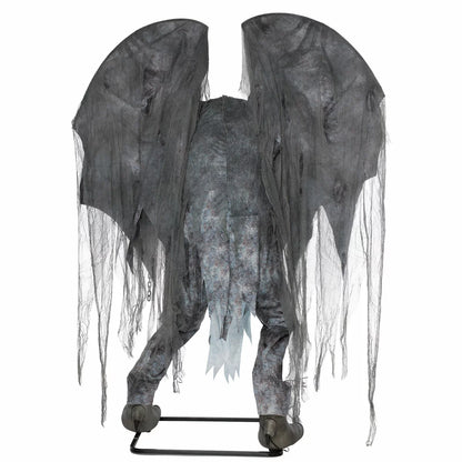 Front view of a 7.5ft animated stone-textured Halloween gargoyle with glowing red LED eyes and spread wings outdoors at night.