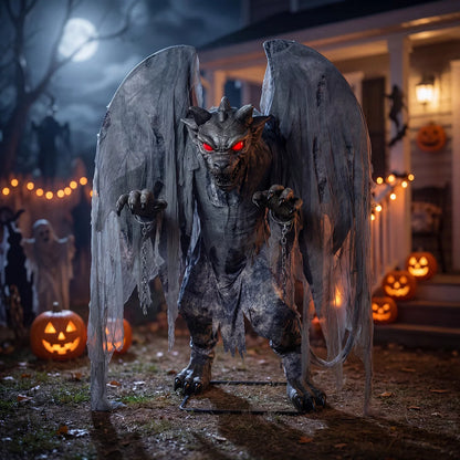 Front view of a 7.5ft animated stone-textured Halloween gargoyle with glowing red LED eyes and spread wings outdoors at night.