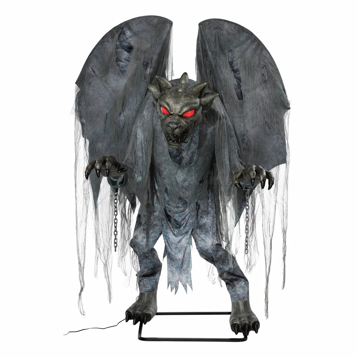Front view of a 7.5ft animated stone-textured Halloween gargoyle with glowing red LED eyes and spread wings outdoors at night.