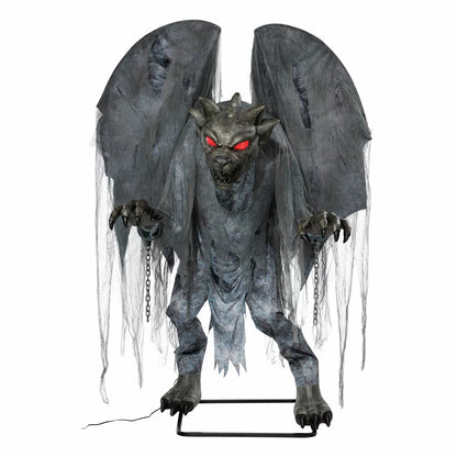 Front view of a 7.5ft animated stone-textured Halloween gargoyle with glowing red LED eyes and spread wings outdoors at night.