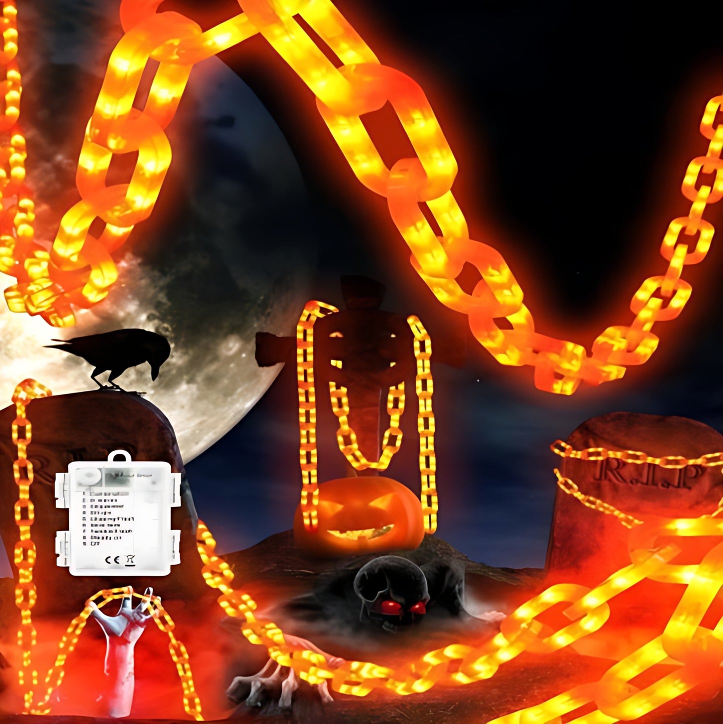 Black plastic chain link string lights with glowing orange LEDs wrapped around a dark wooden porch railing at night.