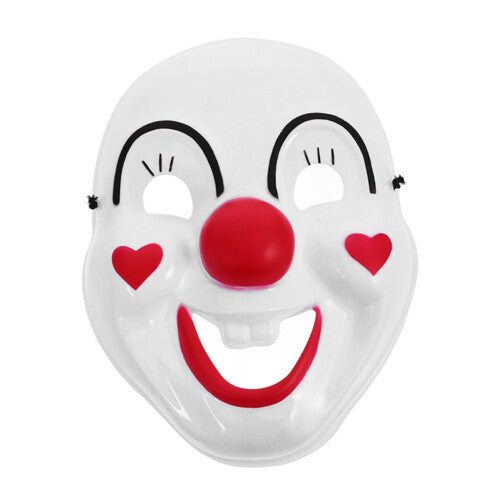 Front view of a colorful PVC clown masquerade mask showing vivid painted face details on a smooth plastic surface against a neutral backdrop.