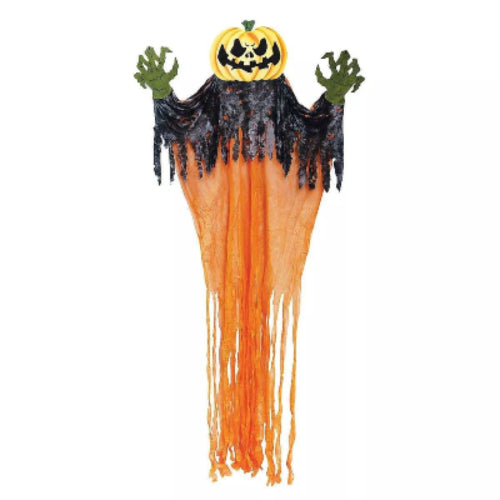 An 11 ft tall hanging pumpkin monster with shredded black cloth robes and an eerie orange face hanging on a dark porch.