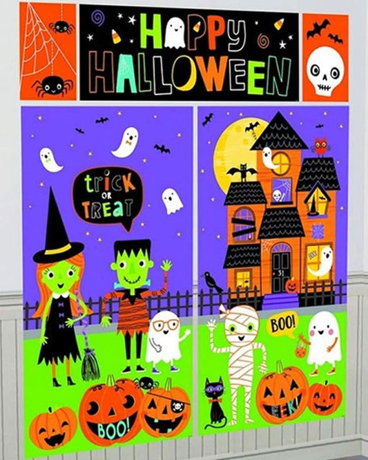 Halloween Friends Scene Setter wall decorating kit featuring colorful spooky cartoon characters mounted smoothly on a living room party wall.