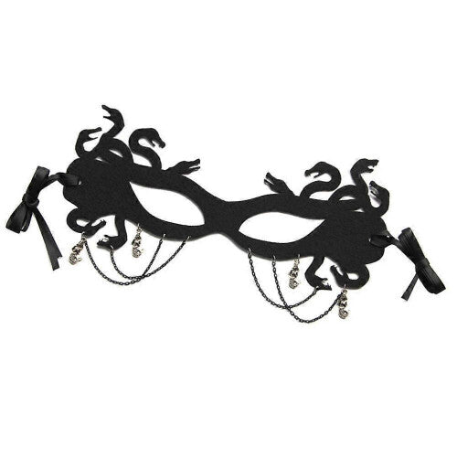 Front view of a dark assorted color cloth half face masquerade mask with detailed eye cutouts on a plain backdrop.