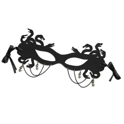 Front view of a dark assorted color cloth half face masquerade mask with detailed eye cutouts on a plain backdrop.