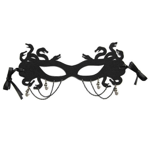 Front view of a dark assorted color cloth half face masquerade mask with detailed eye cutouts on a plain backdrop.