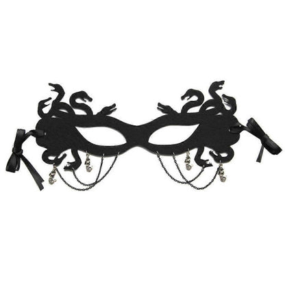 Front view of a dark assorted color cloth half face masquerade mask with detailed eye cutouts on a plain backdrop.