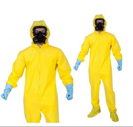Front view of the vibrant yellow Halloween Hazard Hazmat Suit complete with black gloves, protective eye goggles, and matching face mask.