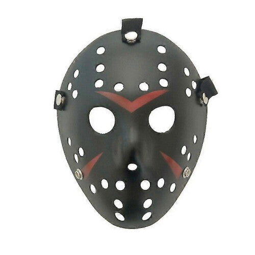 Front view of an iconic white and red painted Jason Voorhees Friday the 13th scary hollow out plastic mask on a dark background.