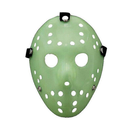 Front view of an iconic white and red painted Jason Voorhees Friday the 13th scary hollow out plastic mask on a dark background.