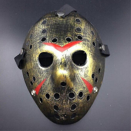 Front view of an iconic white and red painted Jason Voorhees Friday the 13th scary hollow out plastic mask on a dark background.