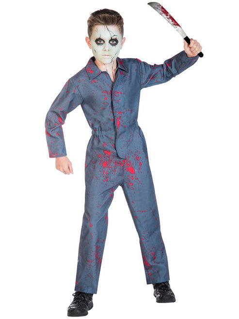 Front view of the Halloween Killer child costume featuring a blood-splattered silver screen psychopath boiler suit design on a plain background.