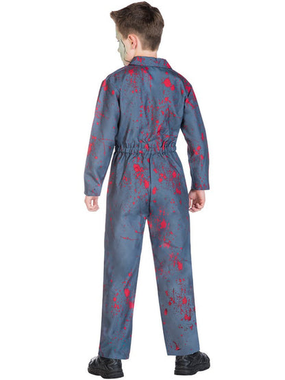 Front view of the Halloween Killer child costume featuring a blood-splattered silver screen psychopath boiler suit design on a plain background.