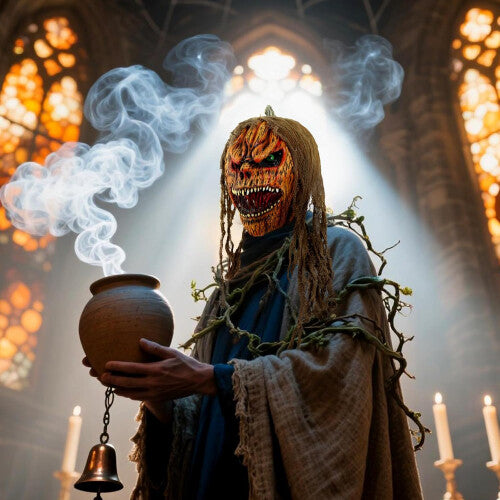 Close-up of a detailed orange and black scary full-face pumpkin mask with dark eye sockets worn against a dark studio background.
