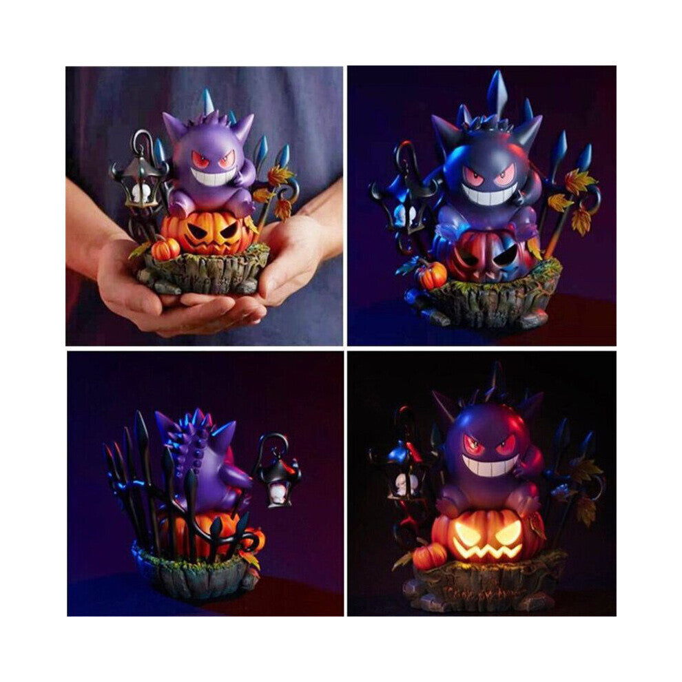 A handmade resin Gengar King figurine sitting atop an illuminated Halloween pumpkin LED light on a dark desk.