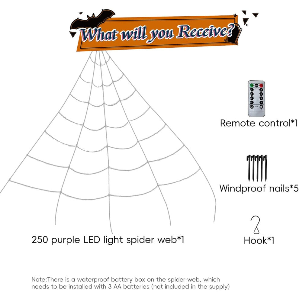 Giant 16-foot purple LED illuminated spider web drapes down a front yard lawn staked into ground at dusk.