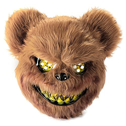 Front view of a bloody horror bear mask with shaggy brown plush fur, bright yellow eyes, and red splatter around the teeth.