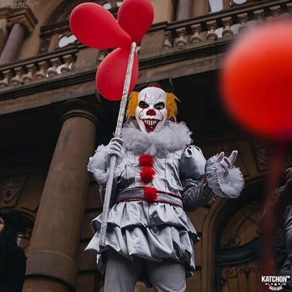 Front view of a 3D scary killer clown mask for kids displaying high-definition painted details and a sinister joker smile against a clean backdrop.