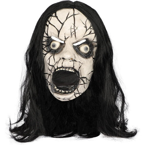 Textured gory Halloween zombie mask made of detailed latex with painted blood details on an adult model against a dark backdrop.