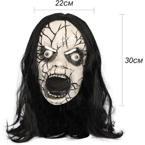 Textured gory Halloween zombie mask made of detailed latex with painted blood details on an adult model against a dark backdrop.