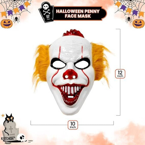 Front view of a 3D scary killer clown mask for kids displaying high-definition painted details and a sinister joker smile against a clean backdrop.