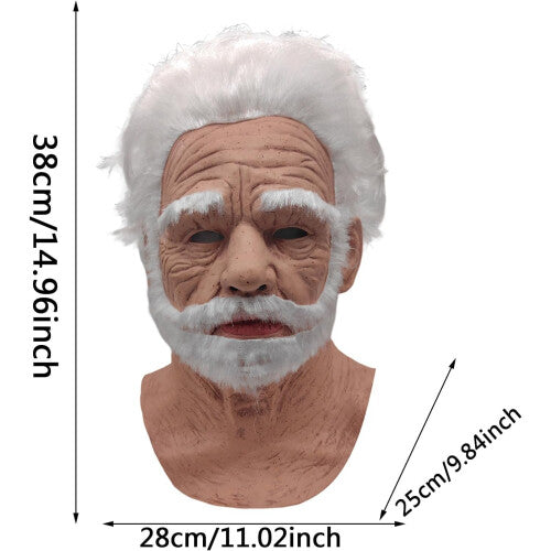 Close-up shot of a full-head realistic latex Halloween mask with micro eye holes and detailed texture displayed on a display torso.