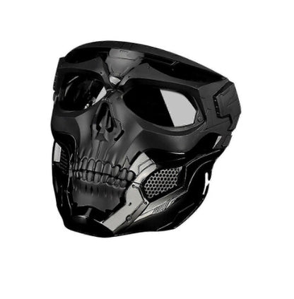 Front angle view of a full-face Halloween scary spoof mask with detailed eye and nose cutouts against a clean studio backdrop.