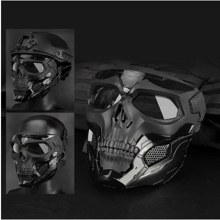 Front angle view of a full-face Halloween scary spoof mask with detailed eye and nose cutouts against a clean studio backdrop.