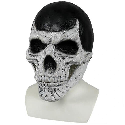 Front view of a full-head black skull costume mask with a realistic articulated moving jaw against a dark studio background.