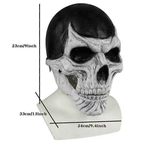 Front view of a full-head black skull costume mask with a realistic articulated moving jaw against a dark studio background.