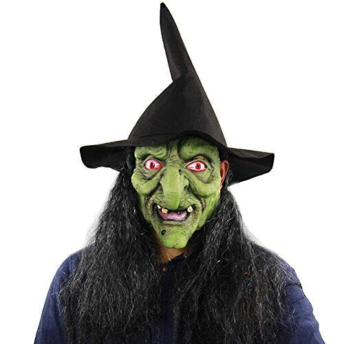 Front view of a scary green latex witch mask wearing a black pointed hat with long grey synthetic wig hair attached.
