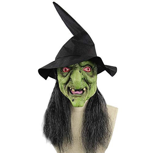 Front view of a scary green latex witch mask wearing a black pointed hat with long grey synthetic wig hair attached.