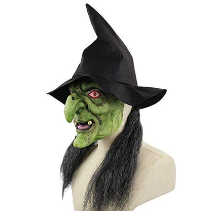 Front view of a scary green latex witch mask wearing a black pointed hat with long grey synthetic wig hair attached.