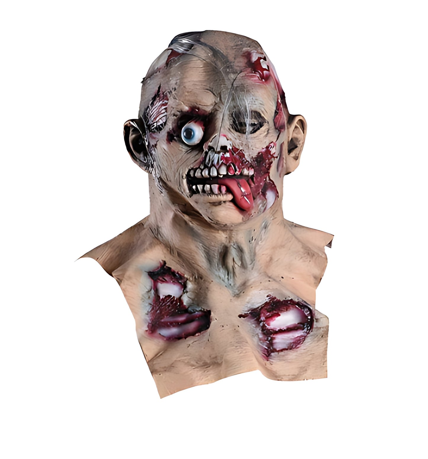 Front view of a scary Halloween zombie prop mask with popped eyeball and tongue detailing displayed against a plain background.