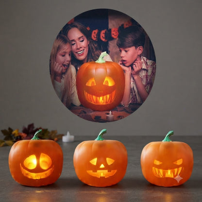 An animated talking Halloween LED pumpkin projection lamp glowing with lifelike facial projections on an indoor party table.