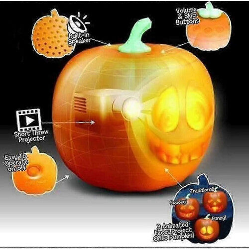 An animated talking Halloween LED pumpkin projection lamp glowing with lifelike facial projections on an indoor party table.
