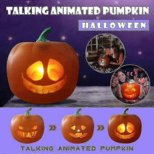 An animated talking Halloween LED pumpkin projection lamp glowing with lifelike facial projections on an indoor party table.