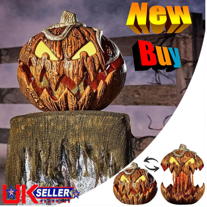 An illuminated Halloween talking animated pumpkin head projector speaker decor glowing on a dark table, showcasing its carved face and festive design.