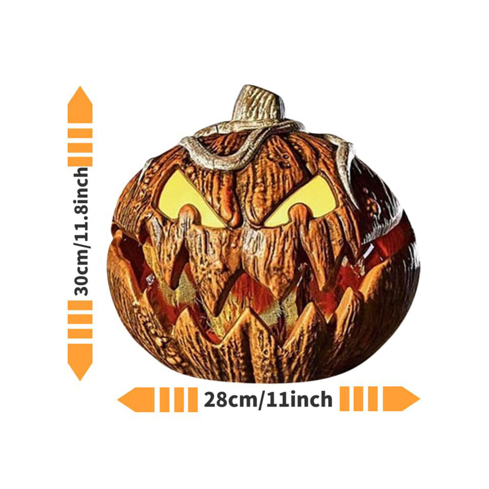An illuminated Halloween talking animated pumpkin head projector speaker decor glowing on a dark table, showcasing its carved face and festive design.