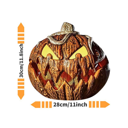 An illuminated Halloween talking animated pumpkin head projector speaker decor glowing on a dark table, showcasing its carved face and festive design.