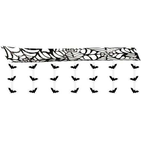 Black 3-meter hanging bat ceiling garland strung across a white ceiling above a decorated Halloween party table setting.