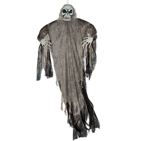 A 2.1-meter tall hanging black grim reaper prop with shredded dark robes suspended outdoors against a porch background.