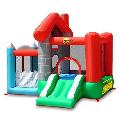 Colourful Happy Hop inflatable bouncy castle with integrated slide and enclosed ball pit set up on a green garden lawn during outdoor family play.-3