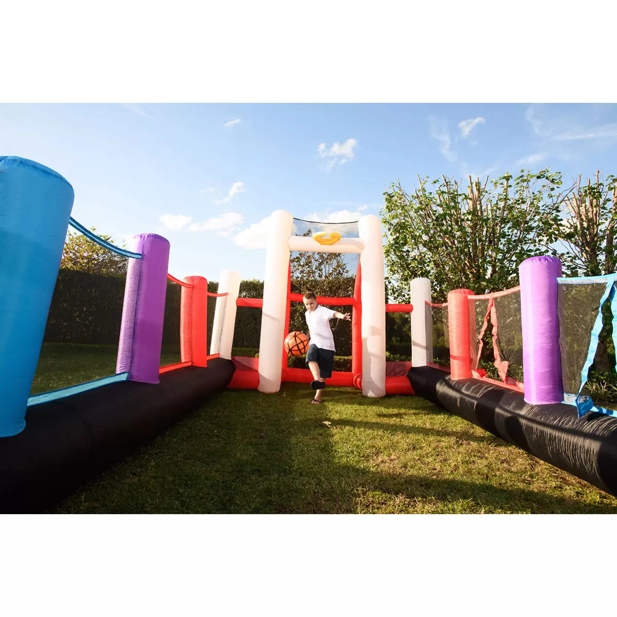 Happy Hop Inflatable Multi-Sport Arena for children aged 3+, featuring a spacious inflatable play area for sports games, outdoor activities, and family fun.